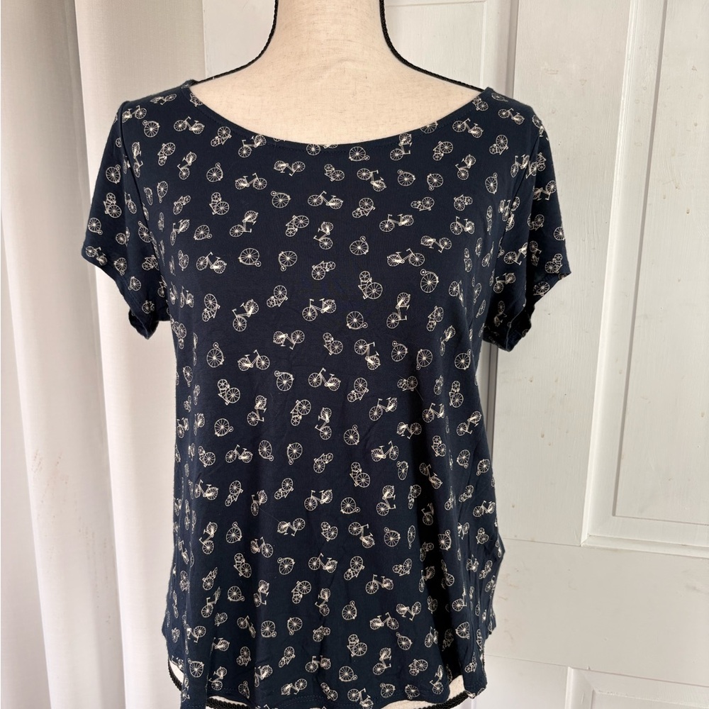 Anthropologie W5 Navy Short Sleeve Top with White Bicycle Motif